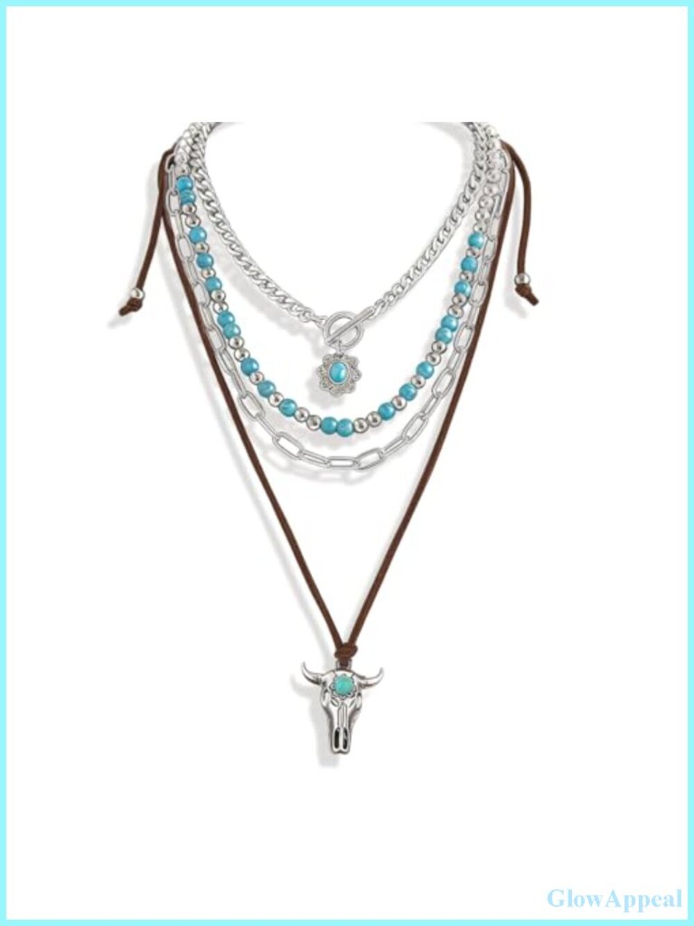 Boho Layered Charm Necklace Set Turquoise Beaded Choker Ox-head Pendant